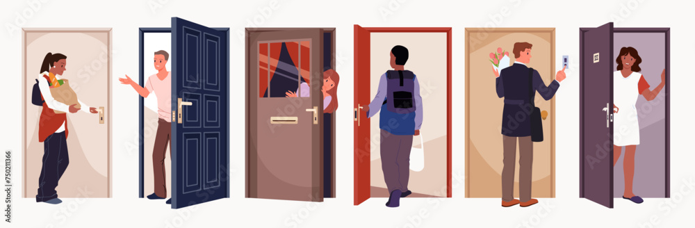 Happy man and woman opening door to welcome, young male and female characters hold doorknob to go inside, ring doorbell to visit cartoon vector illustration. People standing at open door - obrazy, fototapety, plakaty 