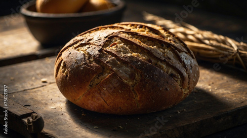 Hogaza de pan multicereal en mesa de madera con luz solar y espigas de trigo al fondo