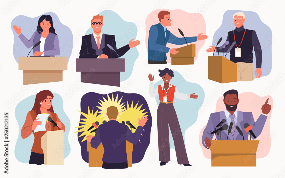 Speaker speak from podium at public event set. Politicians speaking with microphone to audience, confident man and woman standing at rostrum to talk at conference cartoon vector illustration