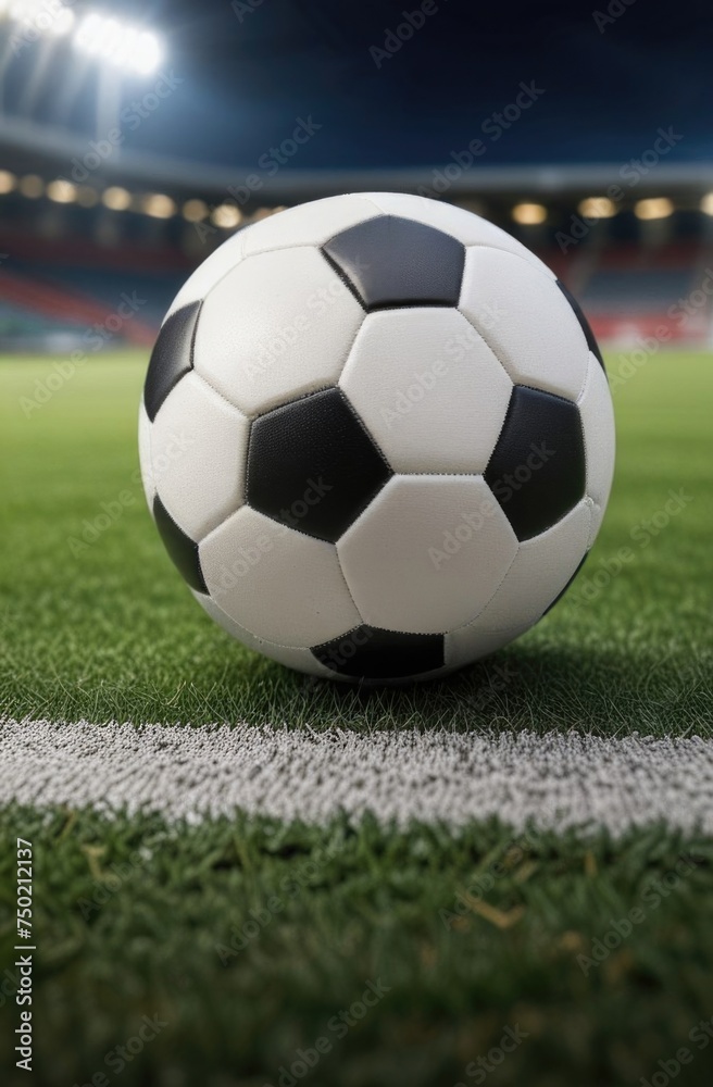 Soccer ball rests on grass of green field in front of majestic lit up, creating exciting atmosphere stadium. Scene captures essence of game, ready for action, excitement. Advertising, banner, print.