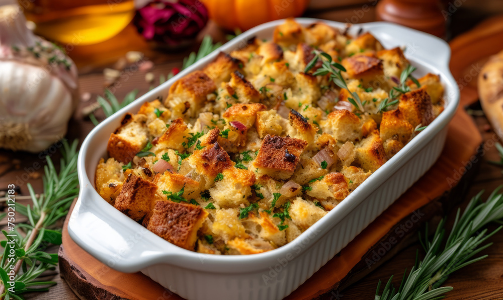 Herb and vegetable stuffing in a classic baking dish. Close-up with a warm, festive background. Traditional Thanksgiving side dish concept. Design for culinary blog, recipe book, and gourmet magazine