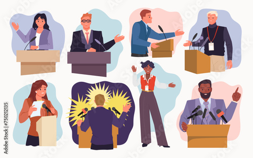 Speaker speak from podium at public event set. Politicians speaking with microphone to audience, confident man and woman standing at rostrum to talk at conference cartoon vector illustration