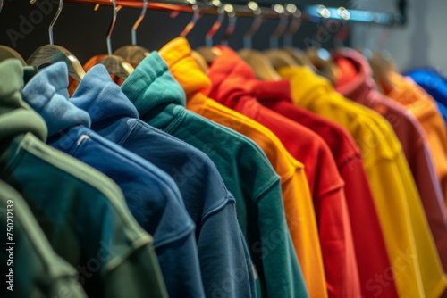 Colorful hoodies on hangers in a wardrobe. Variety of vibrant sweatshirts and pullovers hanging in closet. Clothing organization and storage ideas. Back to school, autumn fashion, casual style concept