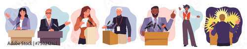 Politicians speaking with microphone to audience, confident man and woman standing at rostrum to talk at conference cartoon vector illustration. Speaker speak from podium at public event set photo