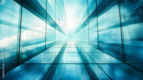 Abstract Urban Corridor, Futuristic Design with Blue and White Geometric Patterns, Modern Architectural Perspective