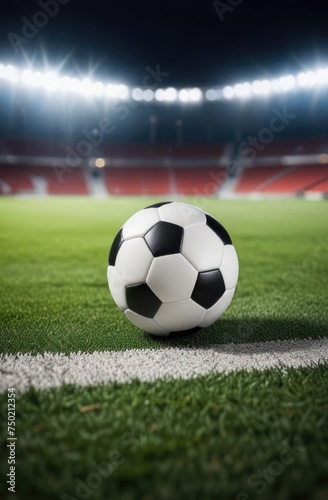 Soccer ball rests on grass of green field in front of majestic lit up, creating exciting atmosphere stadium. Scene captures essence of game, ready for action, excitement. Advertising, banner, print.