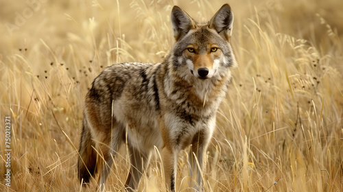 coyote prairie wolf steppe landscape among high long dry grass facing the camera