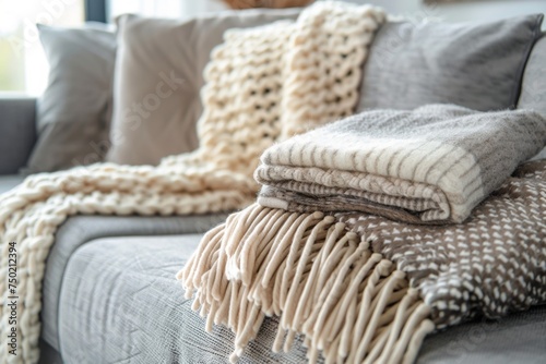 Cozy living room with folded knitted blankets on a sofa, creating a warm and inviting atmosphere. Concept of comfort, home, and relaxation. 