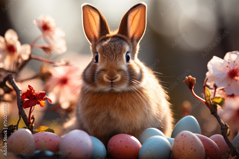 Easter bunny with eggs and spring flowers - seasonal spring decor and holiday celebration concept - obrazy, fototapety, plakaty 