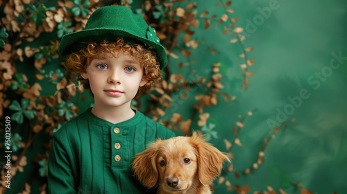 Illustration of a beautiful boy with a green hat and a honey puppy in his hands in a minimalistic environment colorfully symbolizing St. Patrick's Day © Ivana
