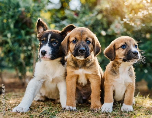 Puppy Socialization. Adorable little dog puppies of various breeds joyfully posing in the nature park