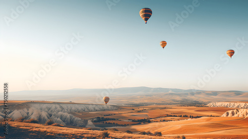 colorful hot air balloons flying on wide cloudless blue sky on wide landscape