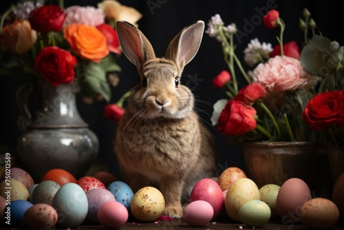 easter bunny with colorful eggs and fresh spring flowers for festive spring celebrations