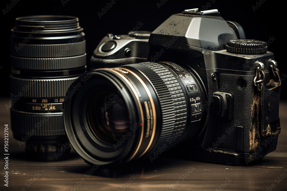 Professional DSLR camera and lenses on a dark wooden surface in low light. - obrazy, fototapety, plakaty 