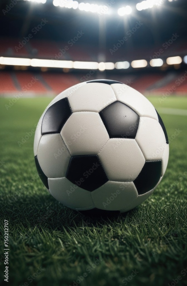Fototapeta premium Soccer ball rests on grass of green field in front of majestic lit up, creating exciting atmosphere stadium. Scene captures essence of game, ready for action, excitement. Advertising, banner, print.