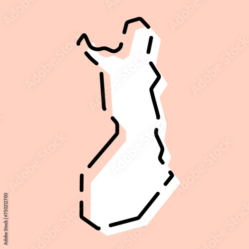 Finland country simplified map. White silhouette with black broken contour on pink background. Simple vector icon