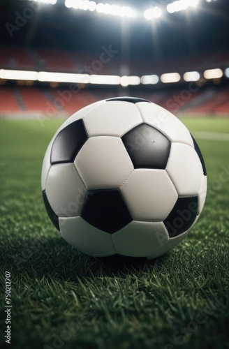Soccer ball rests on grass of green field in front of majestic lit up  creating exciting atmosphere stadium. Scene captures essence of game  ready for action  excitement. Advertising  banner  print.