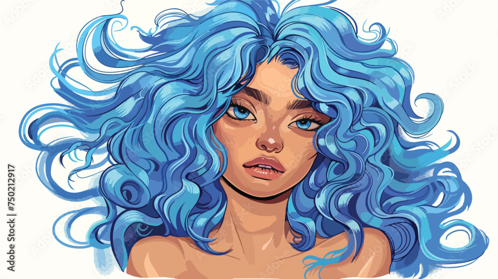 Girls face with curly blue hair cartoon isolated ill