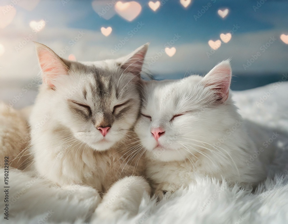 Lovely cat couple sleep together hug on white fluffy bed. Valentine's Day celebration concept, relaxing cats in white fluffy bed