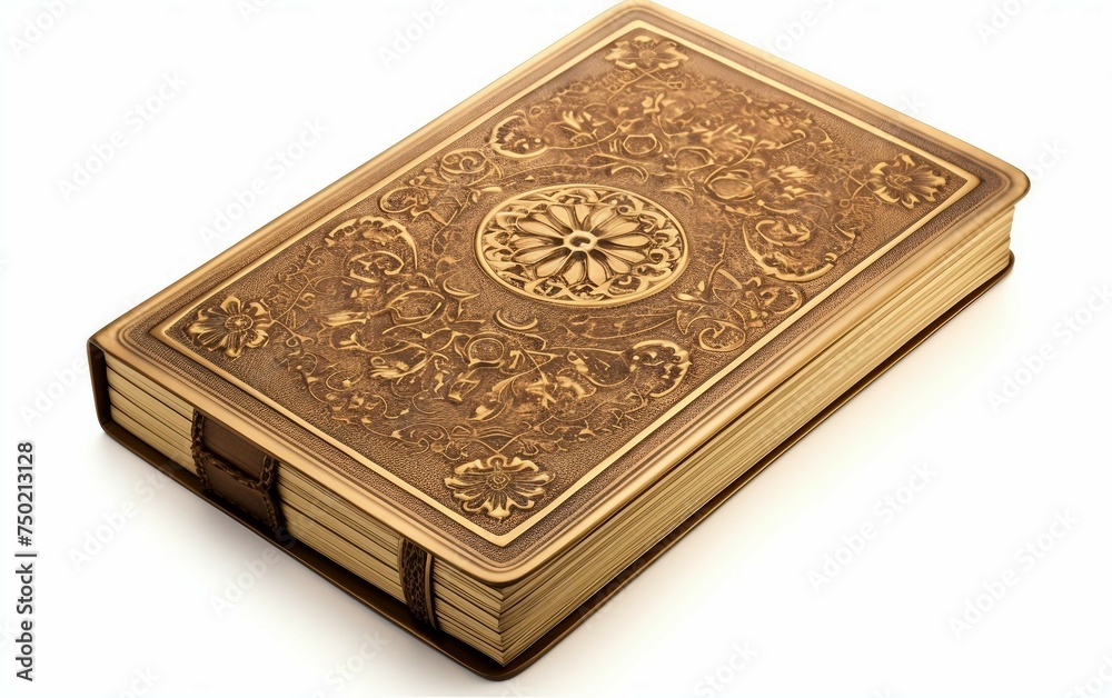 Antique Leather-Bound Book Featuring Elaborate Gold Embossmen Isolated on White Background. Antique Leather-Bound Book Featuring Elaborate Gold Embossmen Isolated on White Background.