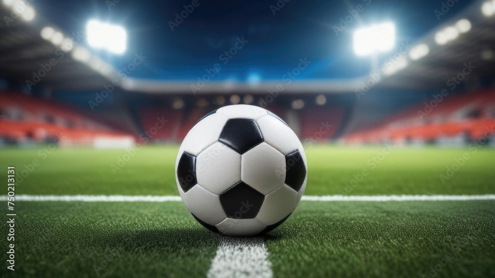 Fototapeta premium Soccer ball rests on grass of green field in front of majestic lit up, creating exciting atmosphere stadium. Scene captures essence of game, ready for action, excitement. Advertising, banner, print.