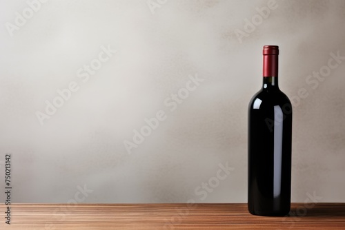 A single bottle of red wine on a wooden surface against a soft beige background  symbolizing simplicity and elegance. Simple Elegance Red Wine Bottle on Wooden Surface