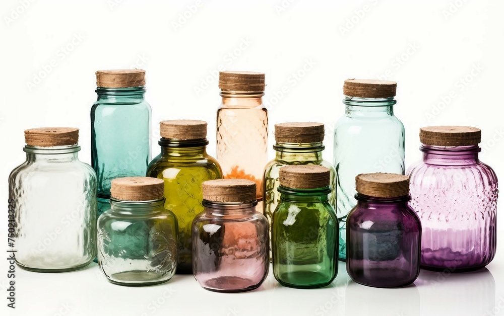 Woman Repurposing Old Glass Jars and Containers Isolated on White Background. Woman Repurposing Old Glass Jars and Containers Isolated on White Background.
