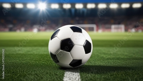 Soccer ball rests on grass of green field in front of majestic lit up, creating exciting atmosphere stadium. Scene captures essence of game, ready for action, excitement. Advertising, banner, print. © Anzelika
