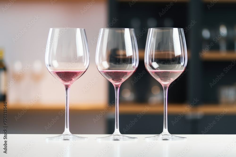 A gradient of wine from light to dark pink in three glasses, showcasing the variety and beauty of ros? wines. Three Wine Glasses in Progressive Shades of Pink