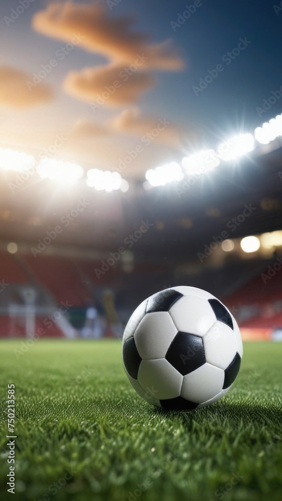 Fototapeta premium Soccer ball rests on grass of green field in front of majestic lit up, creating exciting atmosphere stadium. Scene captures essence of game, ready for action, excitement. Advertising, banner, print.