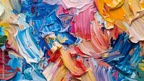 An abstract melee of brush strokes in various colors intertwined to create a lively and chaotic artwork photo