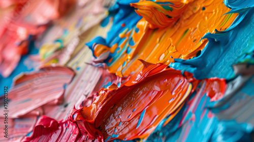 A close-up view of vibrant, multi-colored oil paint strokes with rich texture and blending colors, depicting artistic expression and creativity