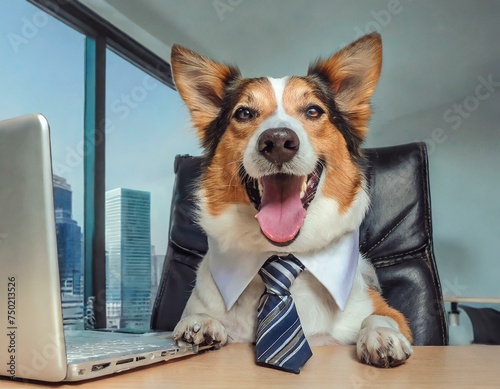 Family dog is working in office. Pet in corporate business environment. Dressed in suit and looking at the laptop siting at the desk. dog like a boss. dogs friendly office concept
