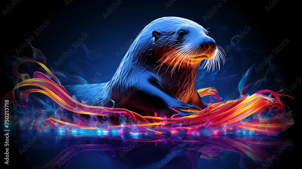Sea Otter Animal Plexus Neon Black Background Digital Desktop Wallpaper ...