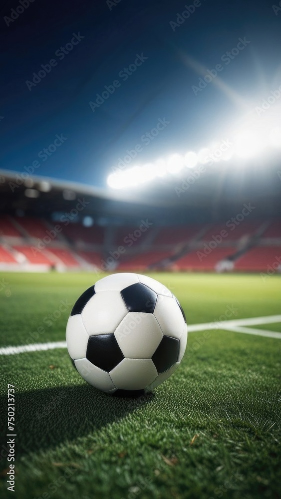 Soccer ball rests on grass of green field in front of majestic lit up, creating exciting atmosphere stadium. Scene captures essence of game, ready for action, excitement. Advertising, banner, print.