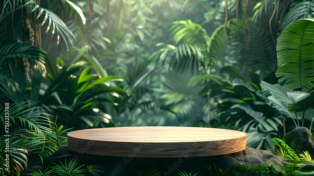 Product presentation with a wooden podium set amidst a lush tropical forest, enhanced by a vibrant green backdrop
