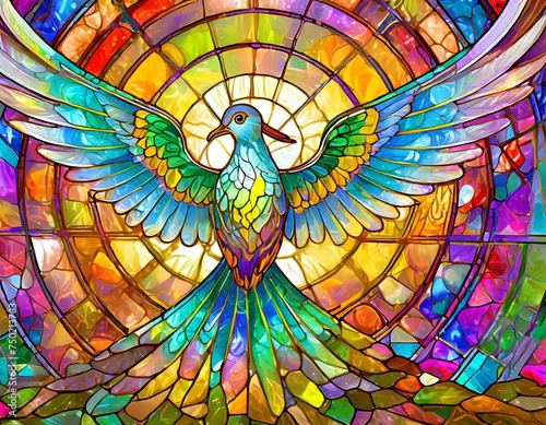Colorful stained-glass Winged dove, a representation of the New Testament Holy Spirit for easter holidays. peace and freedom dove