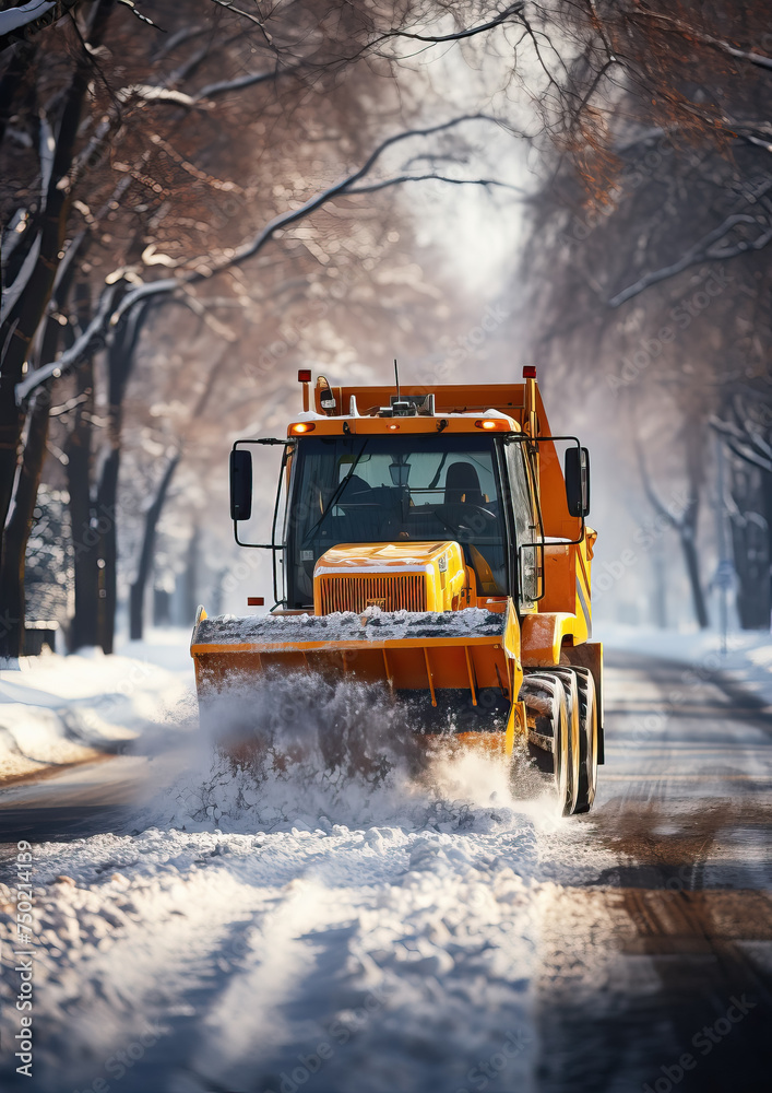 yellow snowplow, tractor, bulldozer, winter, road, snow, work transport, cleaning, city, snowdrifts, blizzard, cold, bucket, wheels, sweep, rake, machinery, trees, equipment