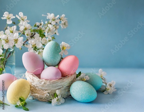 Colorful traditional painted easter eggs in a basket on rustic background. empty space for banner or logo. happy easter days concept