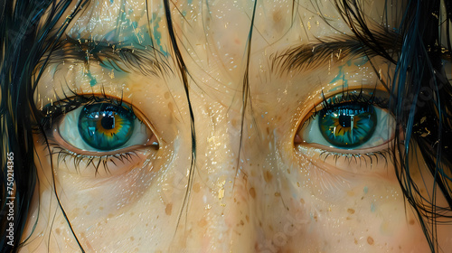 a close up of a woman s blue eyes with freckles