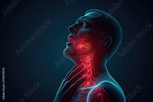 Illustration of a man with visible throat anatomy in neon lighting, suitable for medical tutorials, health care publications, and educational content on human anatomy. High quality illustration © Infusorian