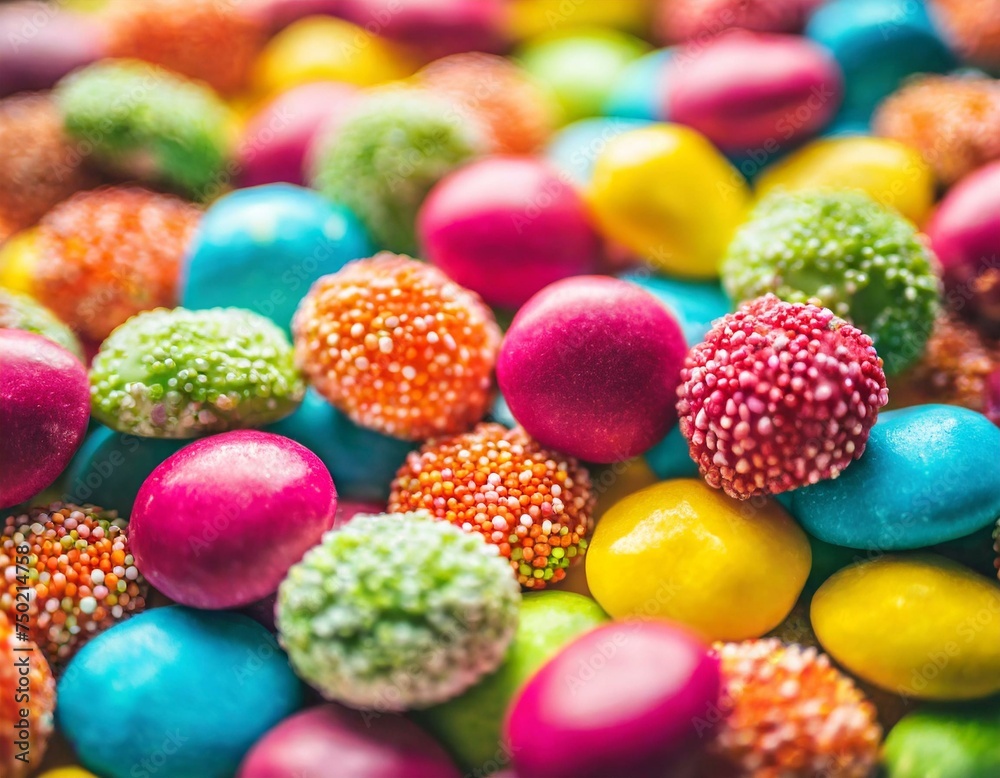 Fototapeta premium table background full of colorful vibrant candies. sugar addiction concept.