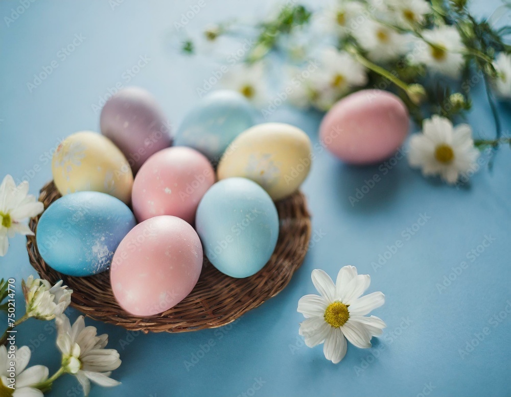  Easter egg and spring flowers in a cup of tea on a pastel background, creative Easter holiday concept