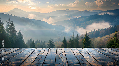 Wooden table top with the mountain landscape