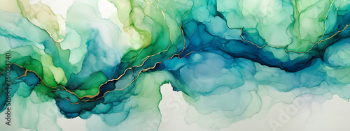 Abstrakcje akwarela. Kolorowe zielone i niebieskie piękne tło © Iwona