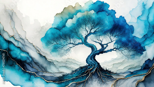 Drzewo abstrakcja, akwarela niebieski i biel