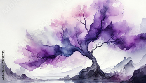 Drzewo abstrakcja, akwarela fiolet i biel photo
