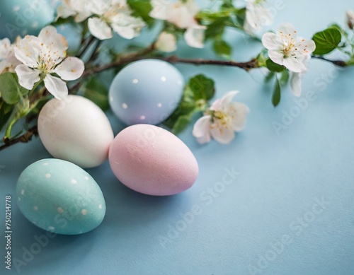  Easter egg and spring flowers in a cup of tea on a pastel background, creative Easter holiday concept