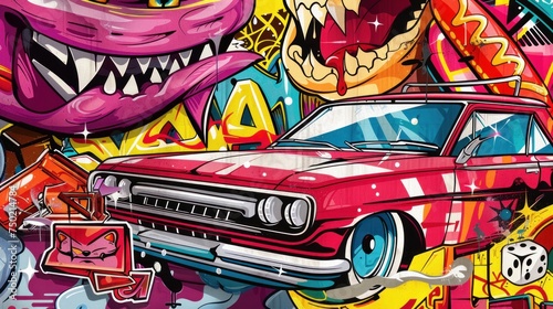 A detailed graffiti drawing is depicted, showcasing cartoon characters, an evil cat muzzle, letter graffiti, a hot dog, dice, and a red lowrider car, forming a conceptual street art background photo