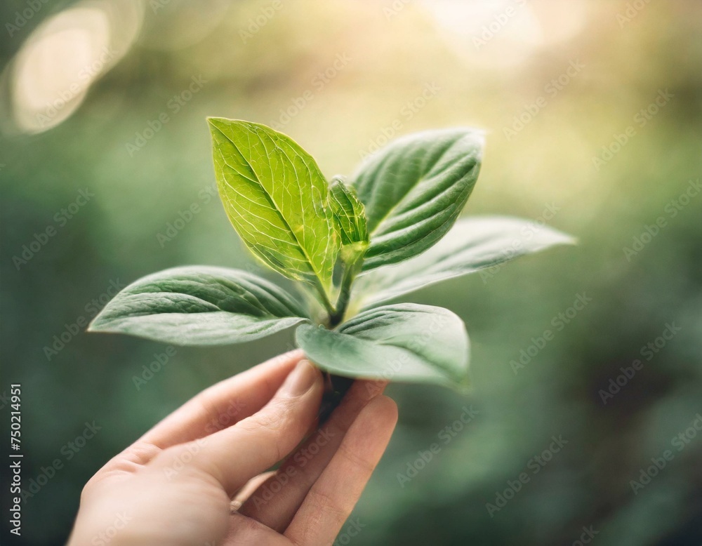 Hand gently holding a green plant. Harmonious pastel earth tones. This image resonates with the concept of ecology and green energy Hand gently holding a green plant. Harmonious pastel earth tones. This image resonates with the concept of ecology and green energy